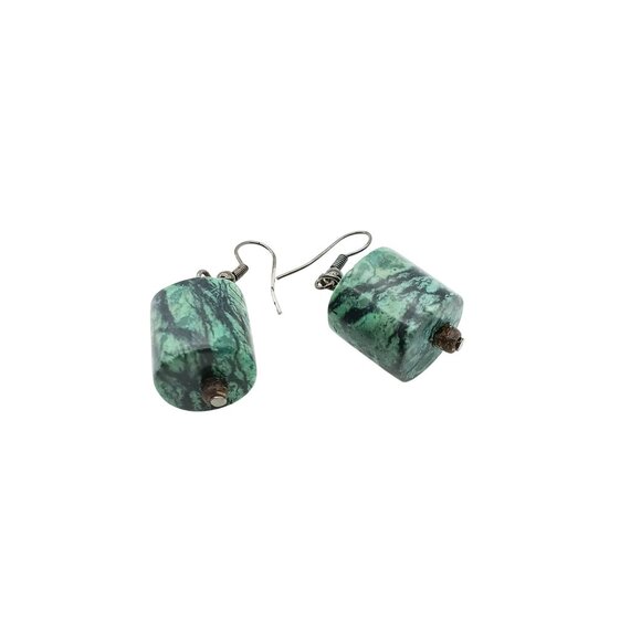 Green Jasper Stone Vintage Cylinder Earrings for Dramatic Dangle Drop - Picture 4 of 4